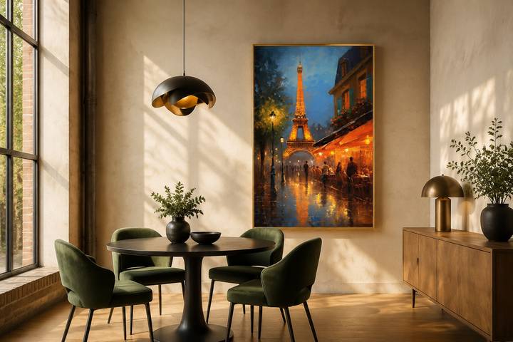 Eiffel Tower and Paris street cafe framed canvas wall art in a modern dining room setting.