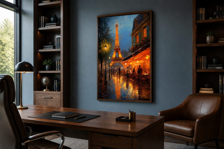 Eiffel Tower and Paris street cafe framed canvas wall art hanging in a modern office setting.
