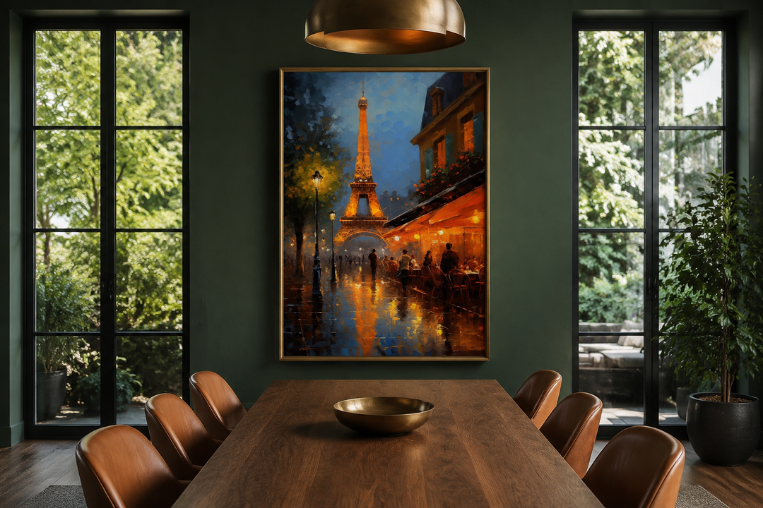 Eiffel Tower and Paris street cafe framed canvas wall art hanging in a dark green dining room.