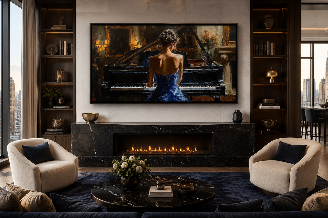 Elegant canvas wall art of a woman in a blue dress playing a grand piano above a black fireplace.