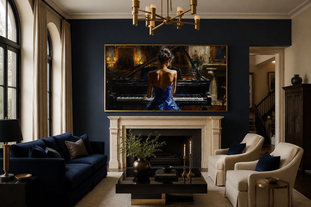 Elegant canvas wall art of a woman in a blue dress playing a grand piano above a fireplace.