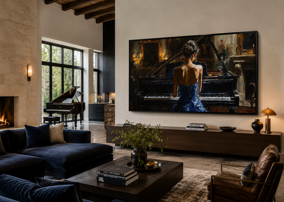 Elegant woman in a blue dress playing a grand piano canvas wall art in a modern living room.