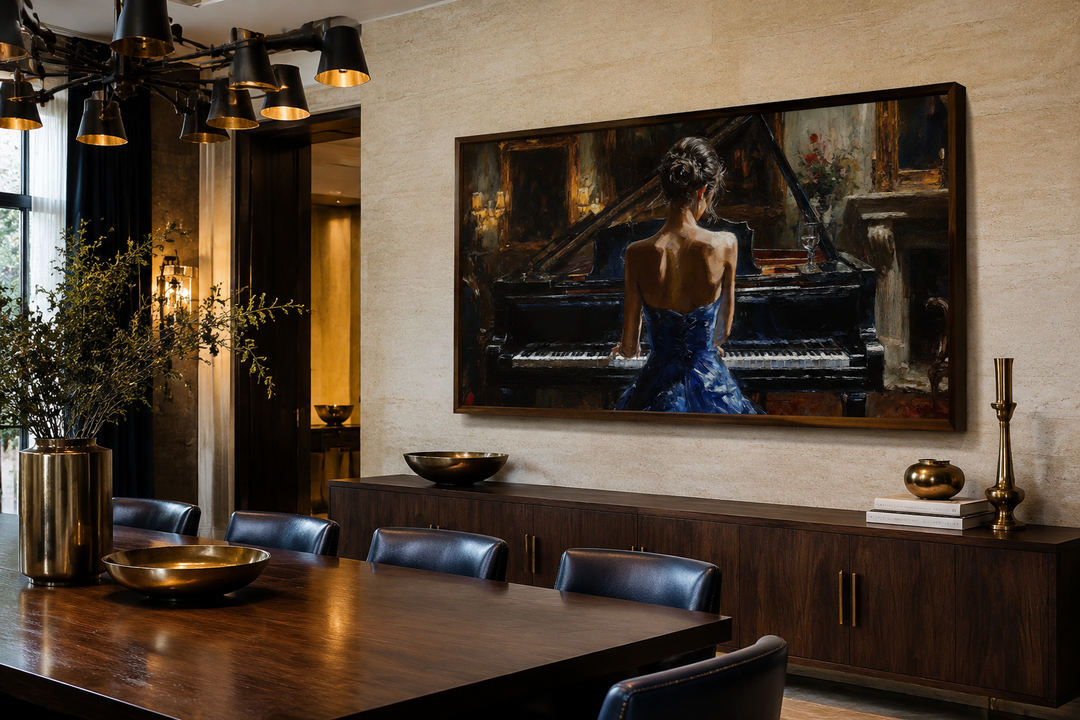 Framed canvas wall art of a woman in a blue dress playing a grand piano in a classic interior.