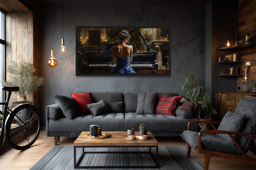 Elegant woman in a blue dress playing a grand piano canvas wall art in a dark, modern living room.