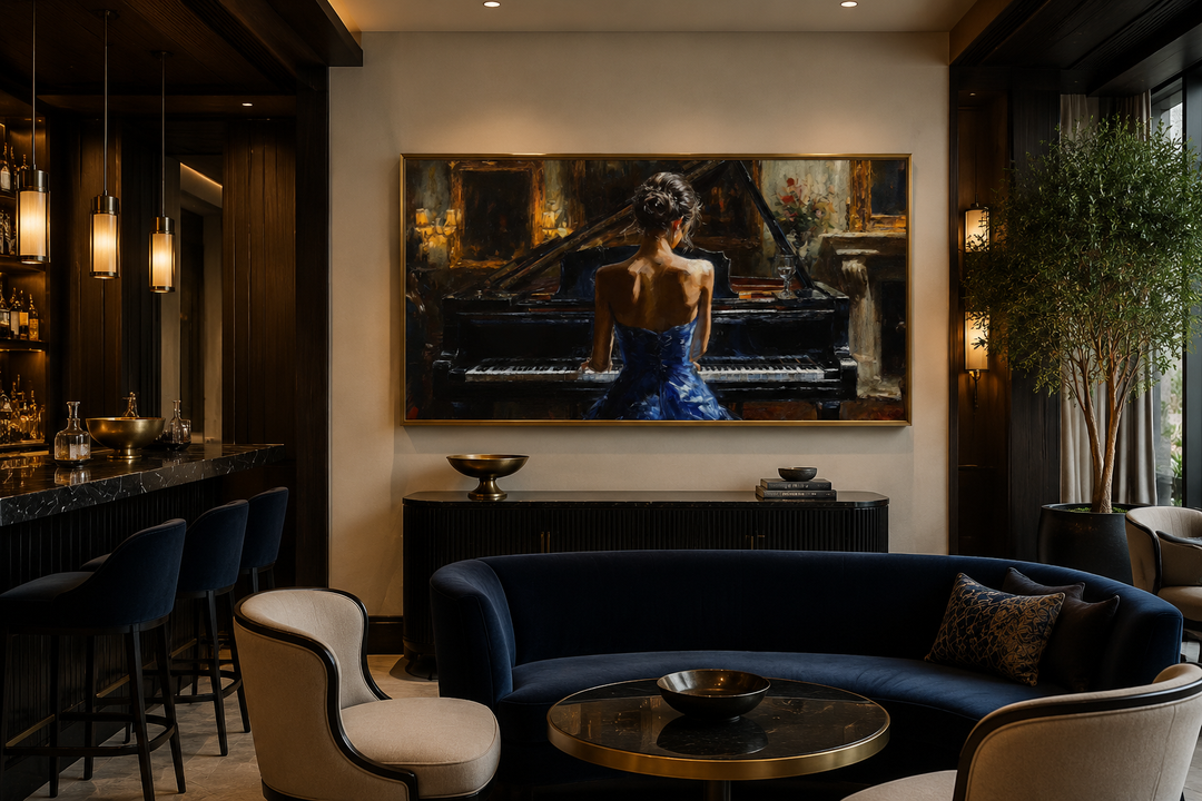 Framed canvas wall art of a woman in a blue dress playing a grand piano in a moody, elegant room.