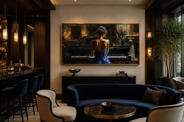Framed canvas wall art of a woman in a blue dress playing a grand piano in a moody, elegant room.