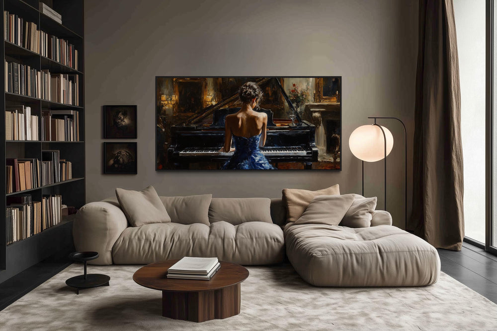 Elegant Woman In Blue Dress Playing Piano Canvas Wall Art