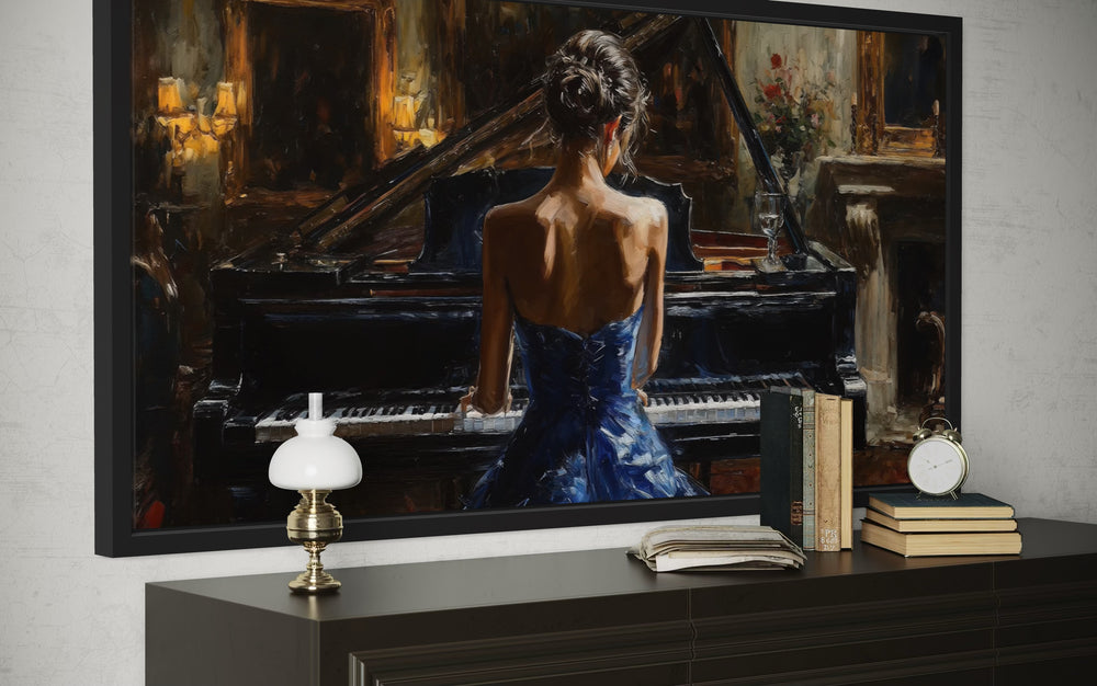 Elegant Woman In Blue Dress Playing Piano Canvas Wall Art