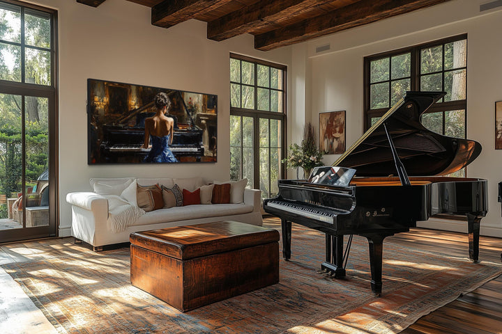Elegant Woman In Blue Dress Playing Piano Canvas Wall Art