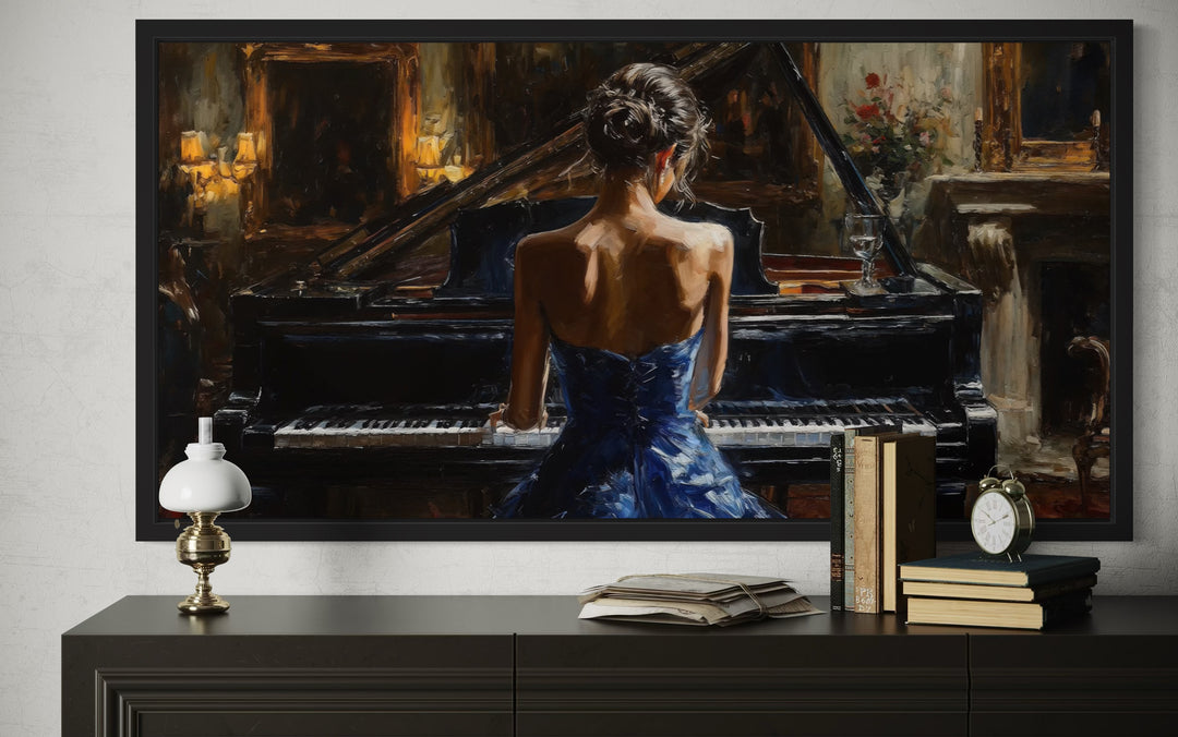 Elegant Woman In Blue Dress Playing Piano Canvas Wall Art