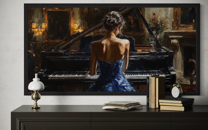 Elegant Woman In Blue Dress Playing Piano Canvas Wall Art