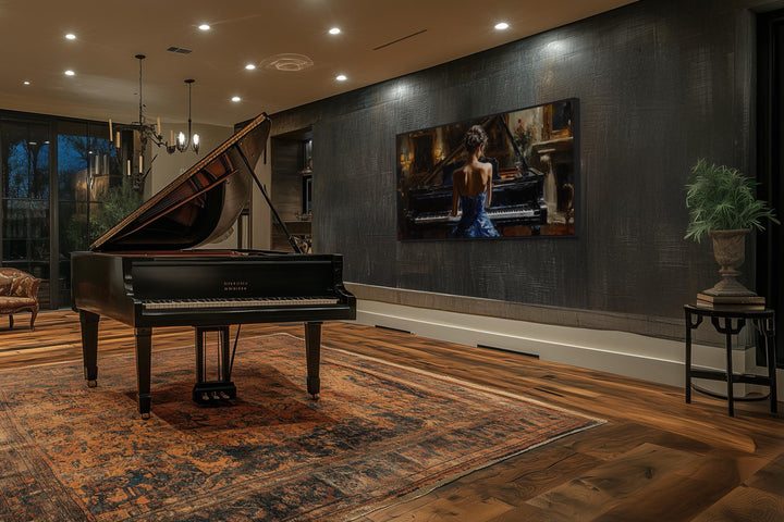 Elegant Woman In Blue Dress Playing Piano Canvas Wall Art