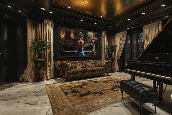 Canvas wall art of a woman in a blue dress playing a grand piano in a dark, ornate room.