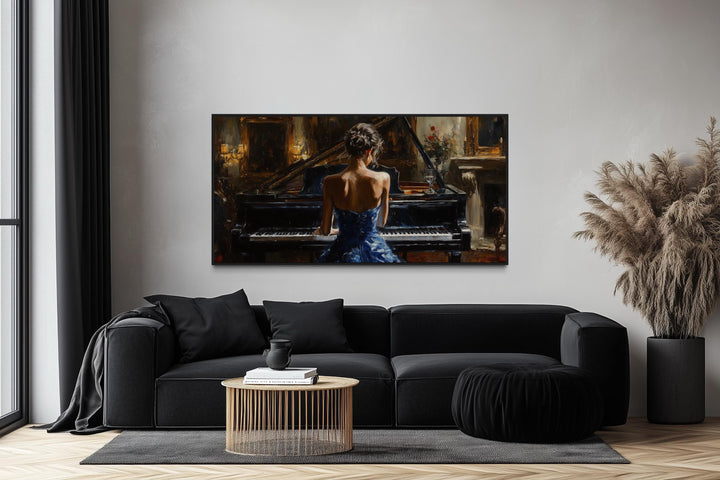 Elegant Woman In Blue Dress Playing Piano Canvas Wall Art