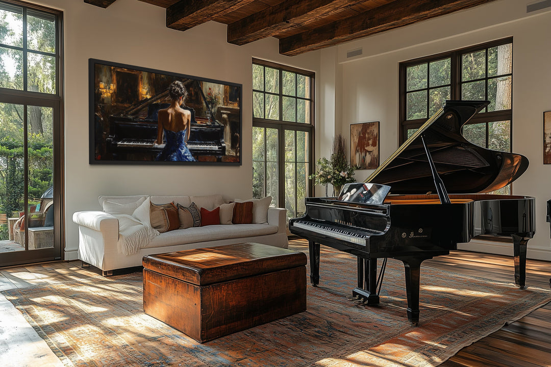 Canvas wall art of a woman in a blue dress playing a piano, hung in a rustic living room.