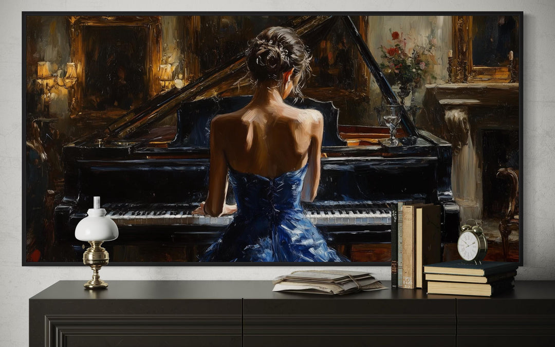 Elegant Woman In Blue Dress Playing Piano Canvas Wall Art