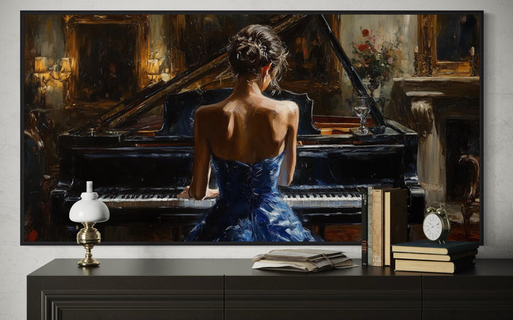 Elegant Woman In Blue Dress Playing Piano Canvas Wall Art