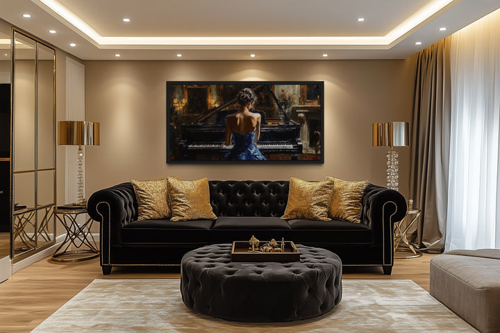 Elegant Woman In Blue Dress Playing Piano Canvas Wall Art
