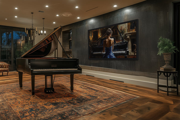 Elegant woman in a blue dress playing a grand piano canvas wall art in a sophisticated music room.