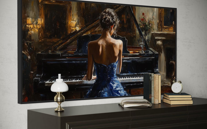 Elegant Woman In Blue Dress Playing Piano Canvas Wall Art