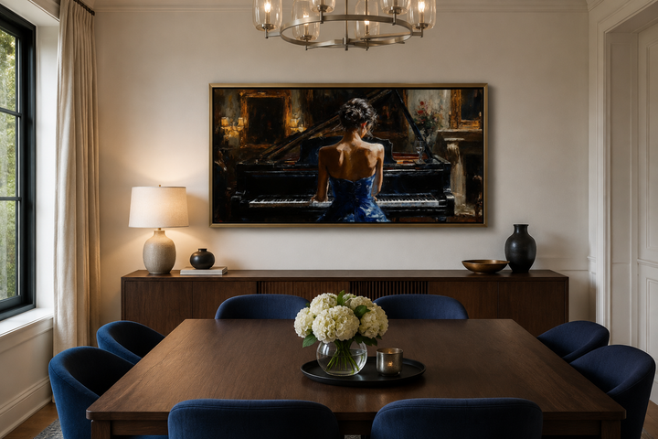 Elegant canvas wall art of a woman in a blue dress playing a grand piano in a moody dining room.