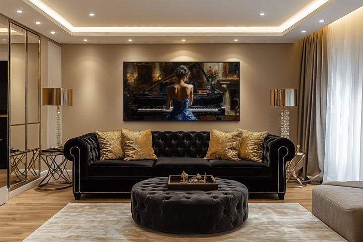 Elegant Woman In Blue Dress Playing Piano Canvas Wall Art