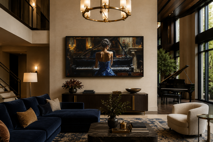 Framed canvas art of a woman in a blue dress playing a piano, hung in a modern living room.