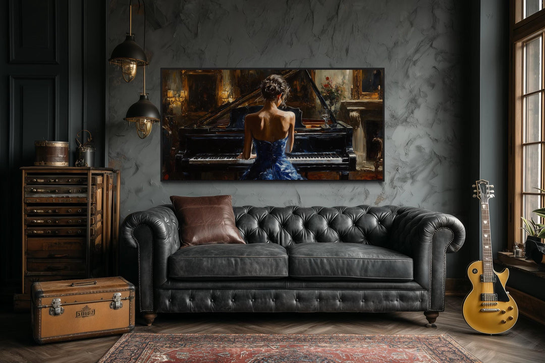 Elegant Woman In Blue Dress Playing Piano Canvas Wall Art