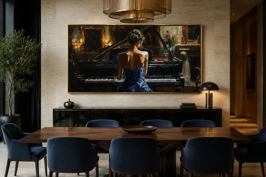 Framed canvas wall art of a woman in a blue dress playing a grand piano in a dining room.