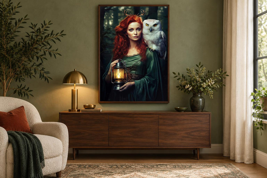Elen of the Ways framed canvas wall art featuring a red-haired goddess with an owl and lantern.
