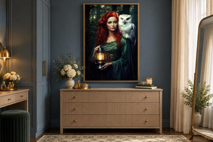 Framed canvas wall art of Elen of the Ways goddess with a white owl and lantern in a forest.