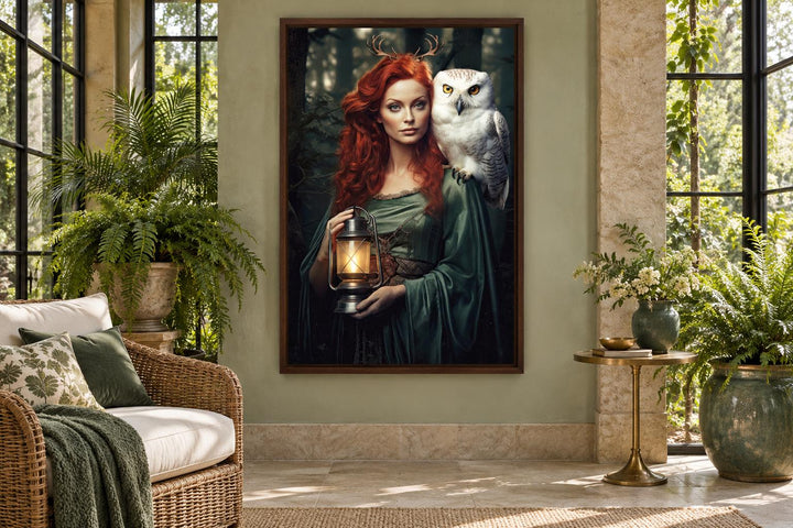 Framed canvas art of Elen of the Ways goddess with antlers, a white owl, and a lantern in a forest.