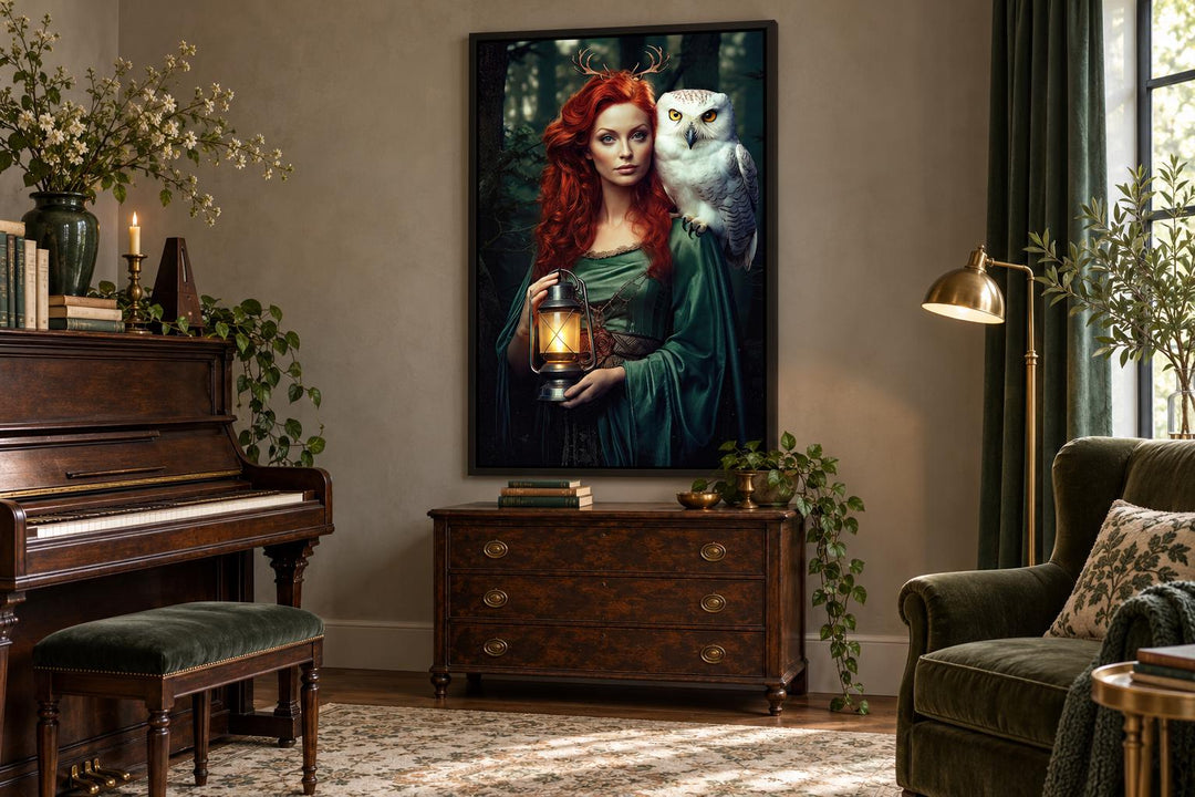 Framed canvas art of Elen of the Ways with a white owl and lantern in a cozy, vintage-style room.