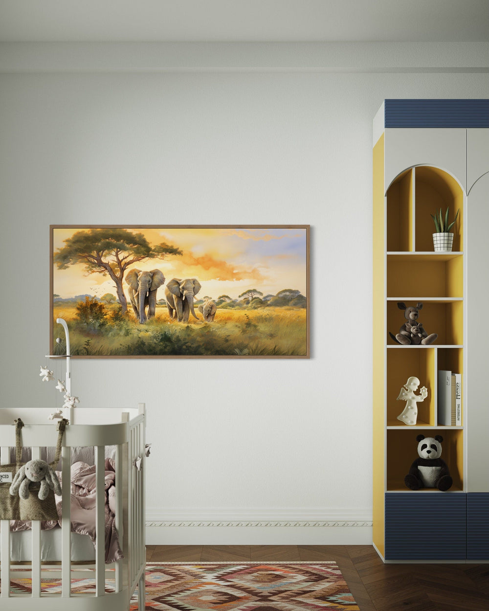 Elephant Family In Savanna Nursery Canvas Wall Art