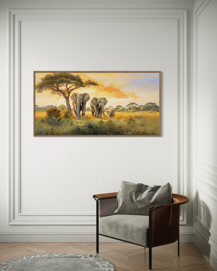 Elephant Family In Savanna Nursery Framed Canvas Wall Art