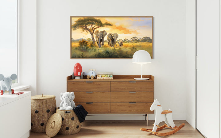 Elephant Family In Savanna Nursery Framed Canvas Wall Art