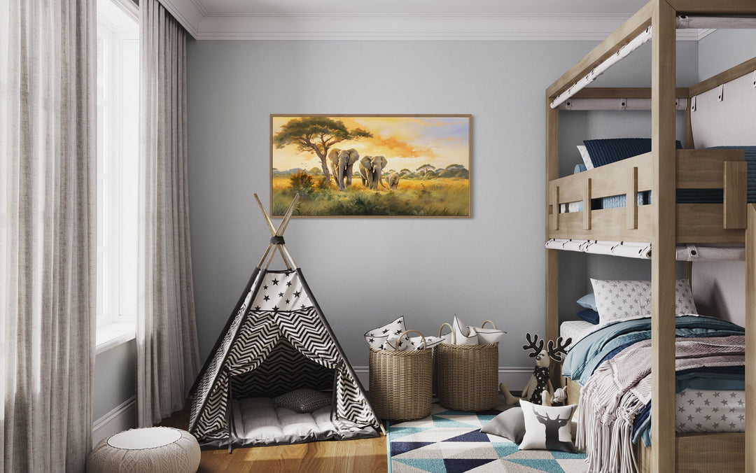 Elephant Family In Savanna Nursery Framed Canvas Wall Art