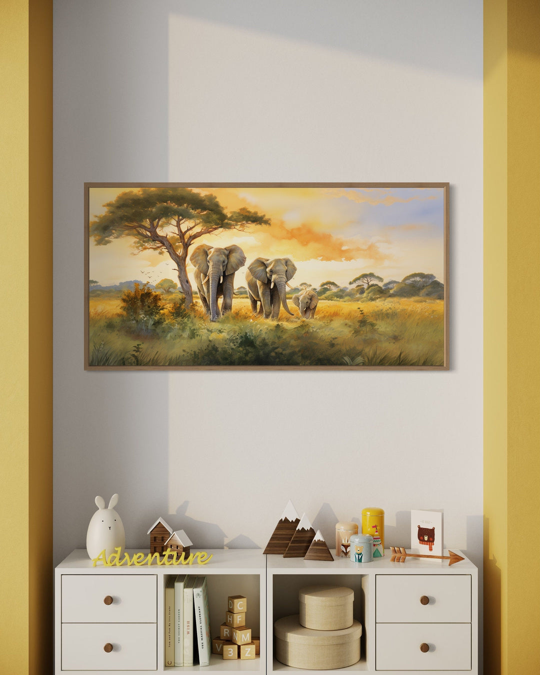 Elephant Family In Savanna Nursery Framed Canvas Wall Art