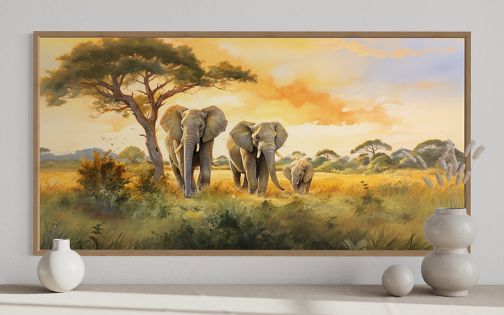 Elephant Family In Savanna Nursery Framed Canvas Wall Art