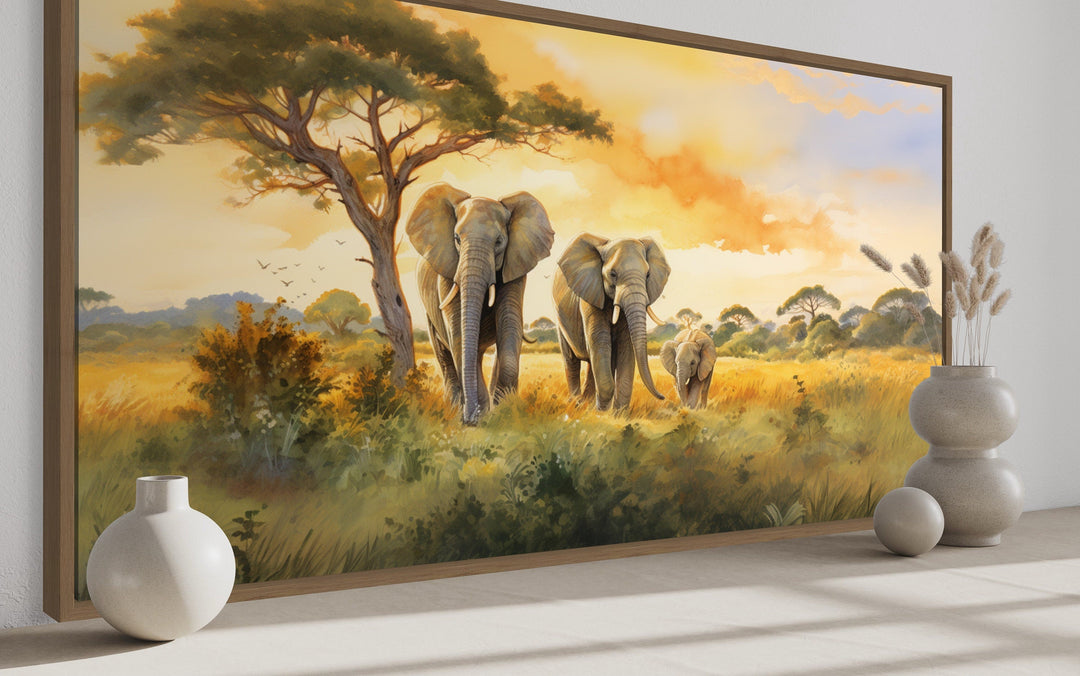 Elephant Family In Savanna Nursery Framed Canvas Wall Art