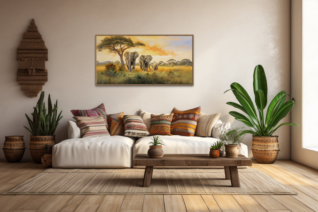 Elephant Family In Savanna Canvas Wall Art