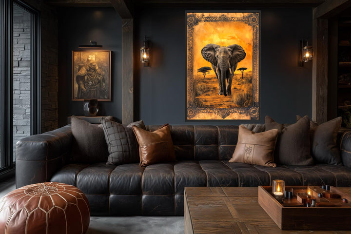 Canvas wall art of an elephant in the African savanna at sunset with an ornate golden frame effect.