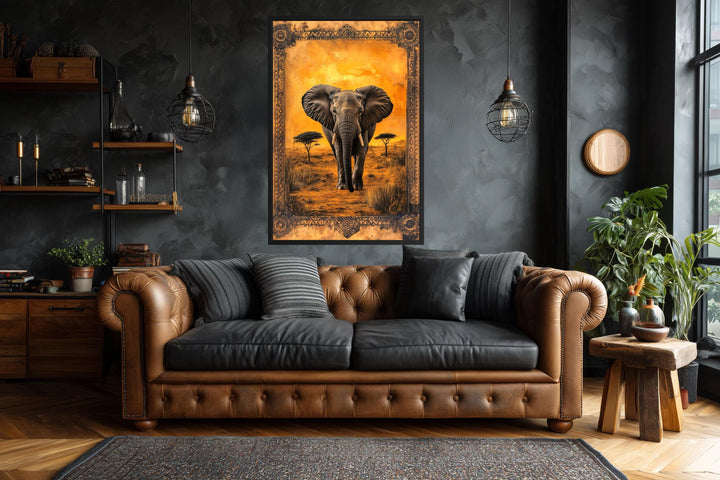 Elephant in African savanna at sunset canvas wall art displayed in a dark, modern living room.