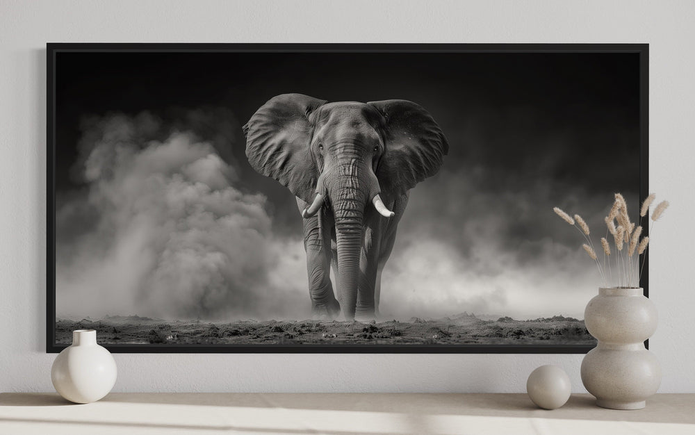 Wall Art For Men - Elephant In Savanna Dust Black White Photography Framed Canvas Wall Art