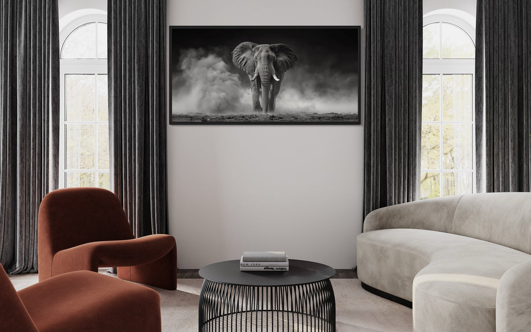 Elephant In Savanna Dust Black White Photography Framed Canvas Wall Art