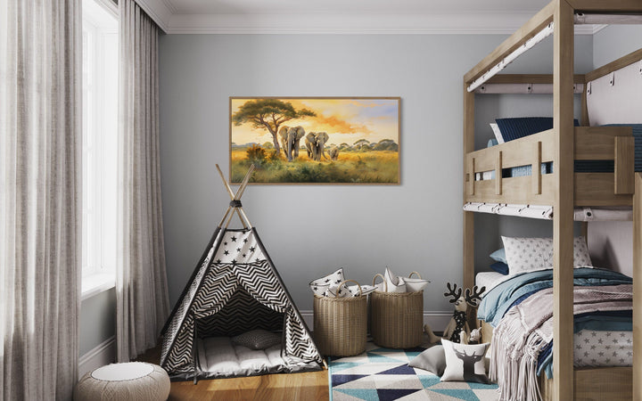 Elephant Nursery Wall Art – Framed Savanna Canvas Print for Baby Room Decor