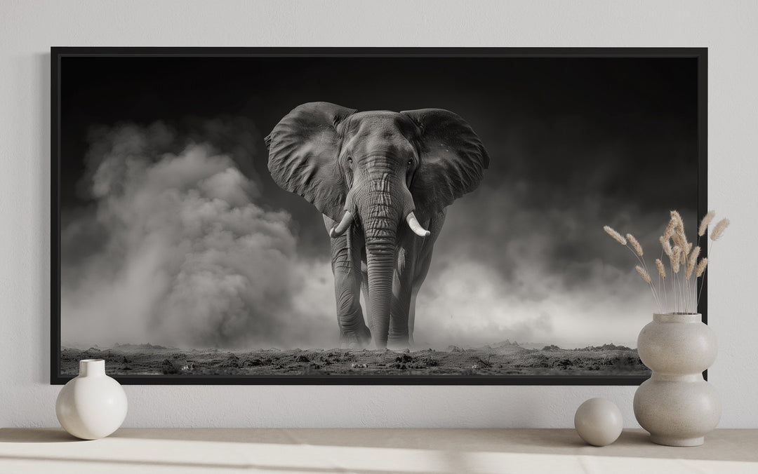 Elephant Wall Art - Black White Photography Framed Canvas Print for Rustic Home Decor