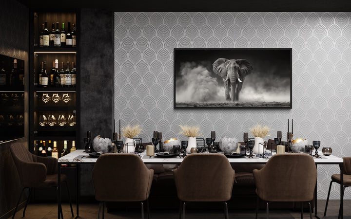 Elephant Wall Art - Black White Photography Framed Canvas Print for Rustic Home Decor