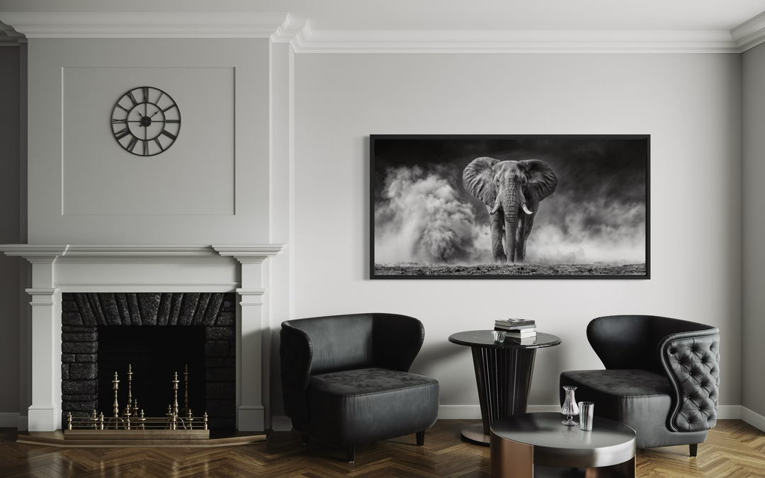 Black and white framed canvas print of an elephant in savanna dust for rustic home decor.