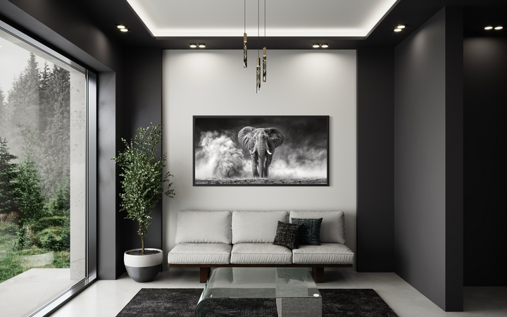 Black and white framed canvas print of an elephant in the savanna for rustic home decor.